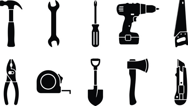 Construction and carpentry hand tools set silhouette vector icon collection for hardware, maintenance, renovation, repair work, and DIY projects