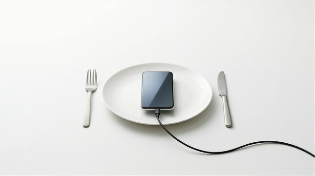 Smartphone Served on Plate Like a Meal Concept for Digital Addiction and Screen Dependence