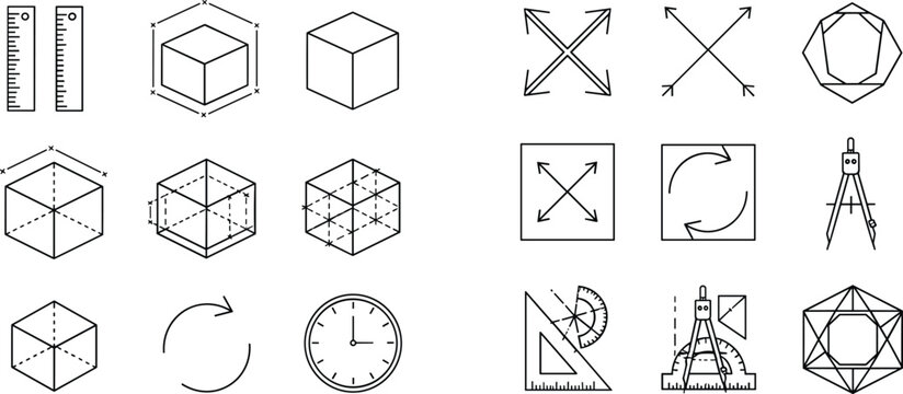  Technical and Geometric Icon Set Featuring Cubes, Rulers, Arrows, Compass, Clock, and Engineering Symbols for Design, Architecture, and STEM Projects