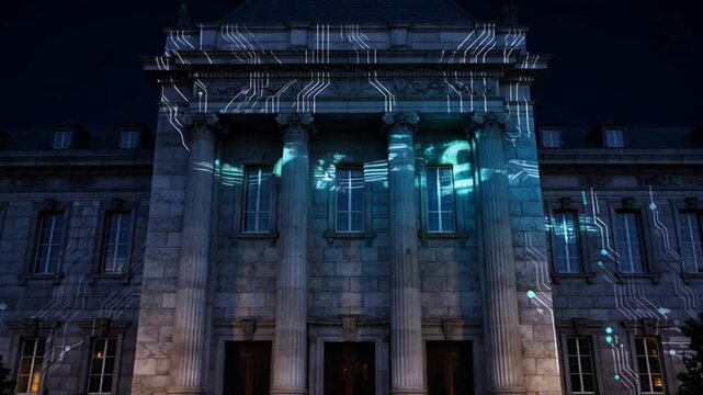 Digital Finance Building with Glowing Currency and Circuitry