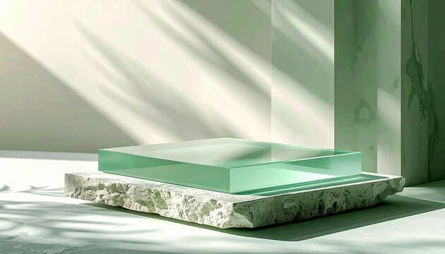 A floating sage green acrylic platform above smooth pale stone