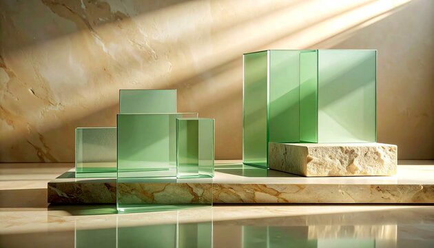 A minimal skincare-inspired scene with translucent sage green glass panels layered over warm limestone surfaces