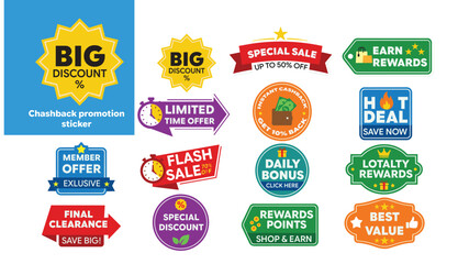 Fototapeta premium Promotional Sale Badges and Discount Stickers Vector Set with 30 Retail Label Designs | Cashback, Offer and Limited Time Deal Elements for Marketing and E-commerce Use