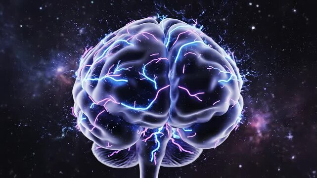 Human brain with glowing neural pathways emphasizing fluid motion and vibrant color palettes