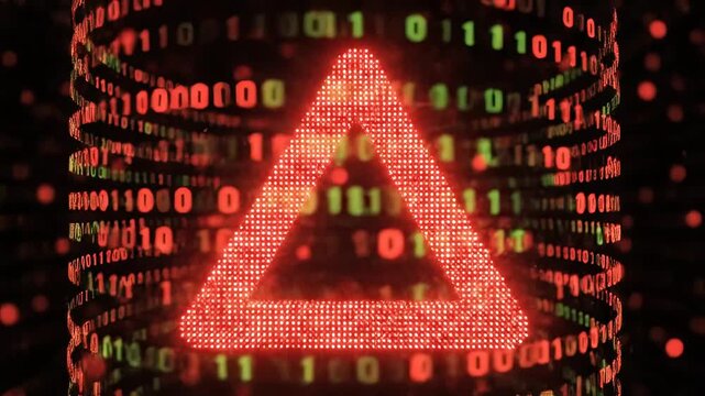 Digital warning triangle with binary code representing smart infrastructure and connectivity