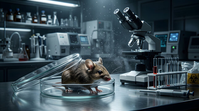 mouse in a petri dish in laboratory