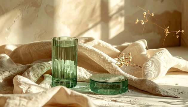 A premium beauty editorial scene with soft sage glass surfaces