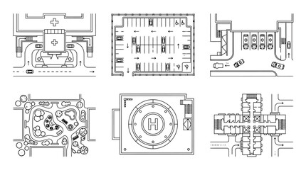 Fototapeta premium Outline Top View Set of architectural floor plans and technical engineering blueprints with white outlines