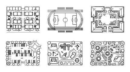 Naklejka premium Outline Top View Set of architectural site plan icons including floor plan, sports field, parking lot, playground and landscape garden design in white line art