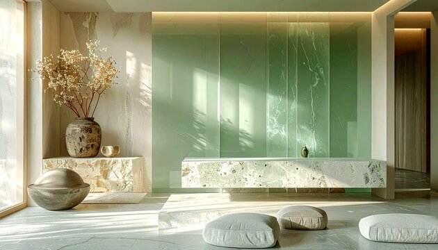A minimal spa-inspired interior corner with translucent sage glass partitions