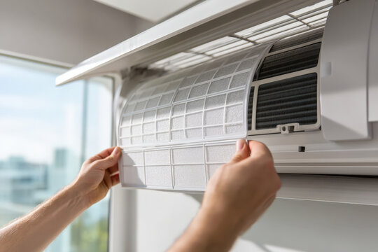 Hands Opening Air Conditioner Front Panel for Filter Cleaning and HVAC Maintenance