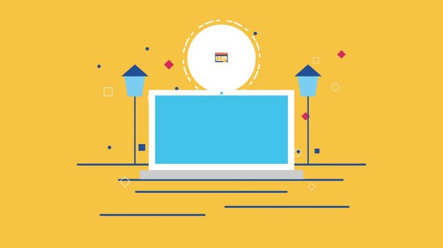 Dynamic motion graphic animation shows a modern laptop computer on a yellow background with shop icon and decorative elements.