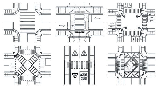 Outline Top View Set of city road intersection blueprints and street layout schematics overhead view