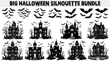 Fototapeta premium Halloween Silhouette Bundle of Bats and Haunted Houses.
