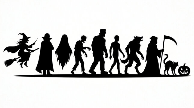 Halloween monsters and creatures silhouette parade.