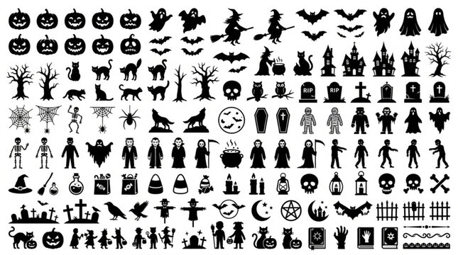 Halloween Icons Collection Spooky Symbols Silhouette Set.