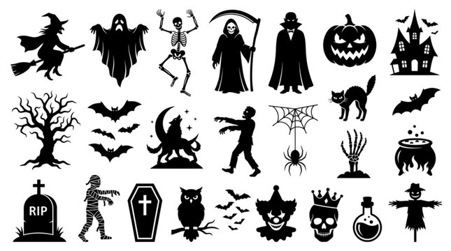 Halloween Icons Silhouette Collection Spooky Holiday Symbols.