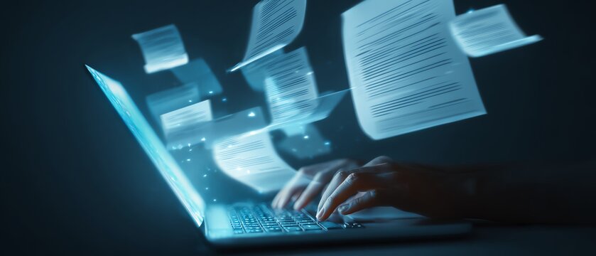 Hands typing on a laptop with floating documents.