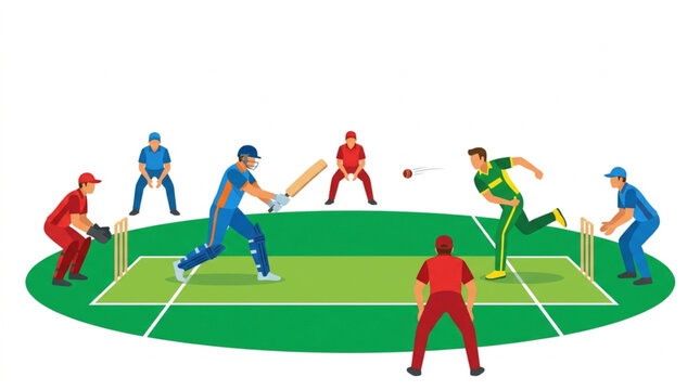 Flat illustration of a cricket match with players batting, bowling, and fielding on a green field against a white background, depicting a competitive sporting event