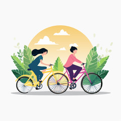 Fototapeta premium Two women cycling outdoors with lush greenery and a sunset sky