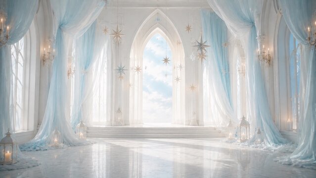 White celestial stage with blue drapery stars lanterns and arched windows