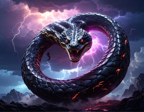 A menacing serpent coils with lightning storm background