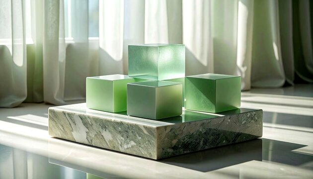 Muted sage green frosted acrylic blocks arranged on a smooth stone platform