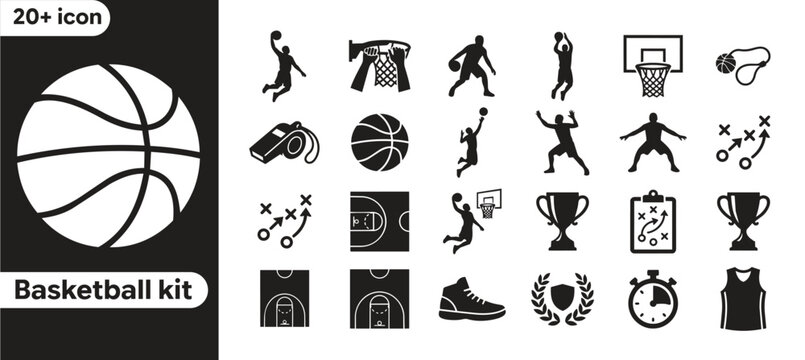 Basketball Kit Icon Set Minimal Silhouette Sports Player Coach Court Equipment and Game Strategy Icons Vector Pack basketball icon set, basketball silhouette icons, basketball vector icons, basketball