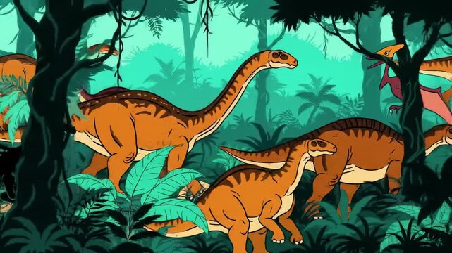 Cartoon dinosaurs roam through a lush green prehistoric jungle setting