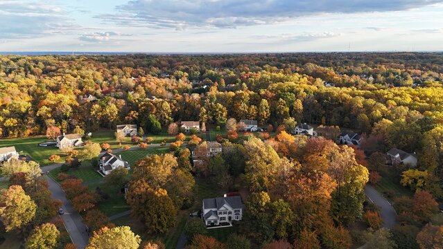 Aerial view of colorful autumn neighborhood in Garnet Valley, Pennsylvania suburb near Philadelphia