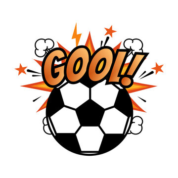 Comic sound effect "GOOL!" text vector illustration with soccer ball element, explosion, stars, and lightning bolt, pop art style on black background.