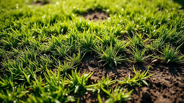 Section of heavily trodden lawn with bare soil patches and morning dew on grass.