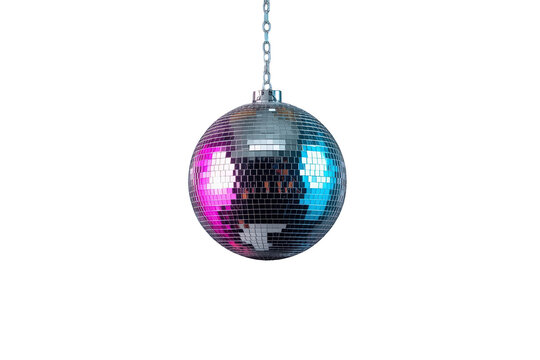 Disco ball reflecting vibrant pink and blue neon lights, symbolizing party atmosphere, music, celebration, and retro nightlife