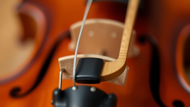 A violin bow drawn across strings, creating a blurred arc of motion, warm wood tones.