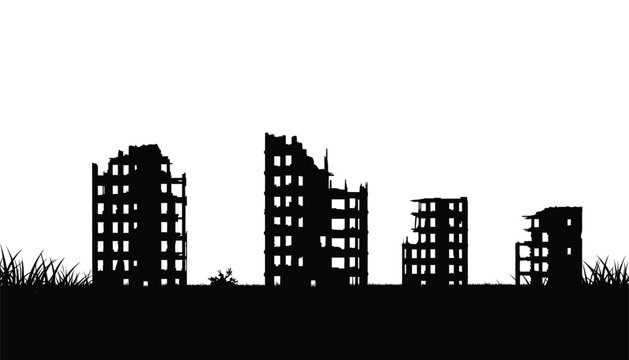 Silhouette of ruined buildings on white background