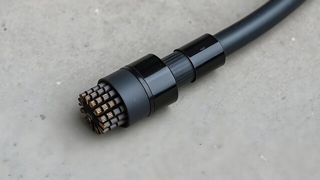 A severed end of a thick electrical cable wrapped with black tape on concrete.
