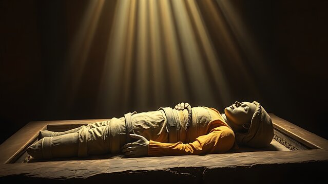 A carefully wrapped mummy lies in a stone sarcophagus within a dimly lit chamber.