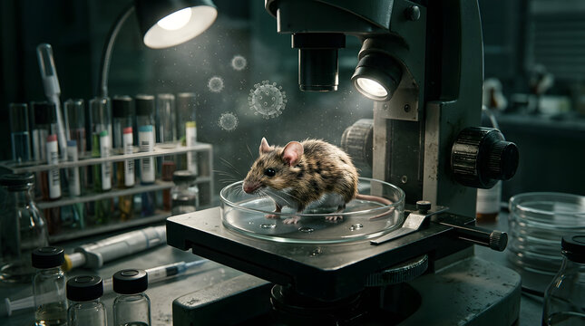 Lab mouse on microscope stage with virus particles