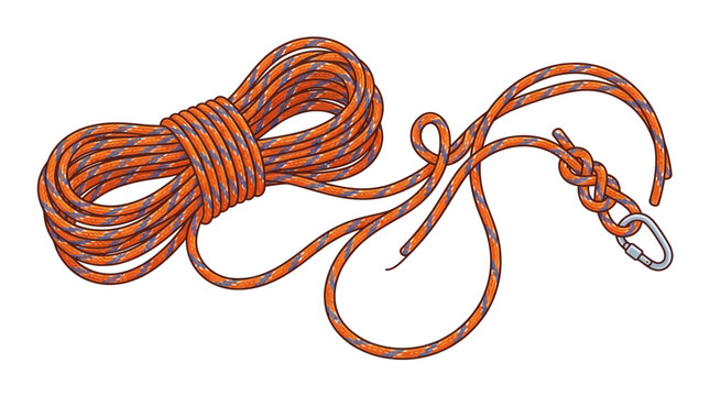 Coiled Climbing Rope with Carabiner and Knots