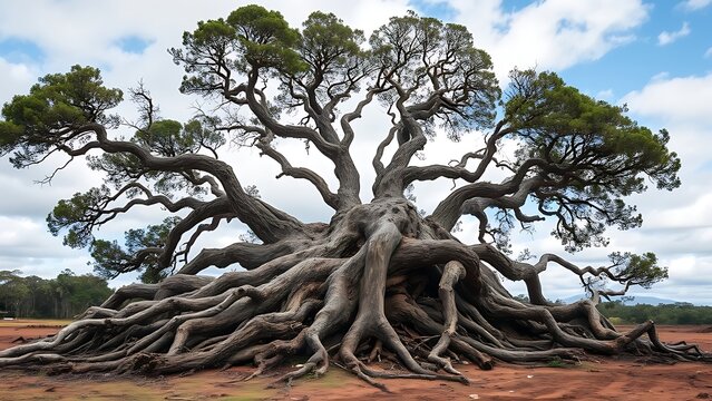 A large uprooted tree with its massive root system exposed against the sky.