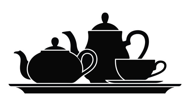 A black and white silhouette illustration of a teapot, teacup, and kettle on a tray indoors