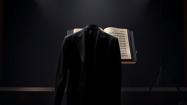 A black tailcoat draped over a music stand with an open opera score.