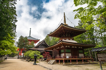 Obraz premium East Pagoda and Great Stupa 高野山・壇上伽藍の風景。東塔と根本大塔