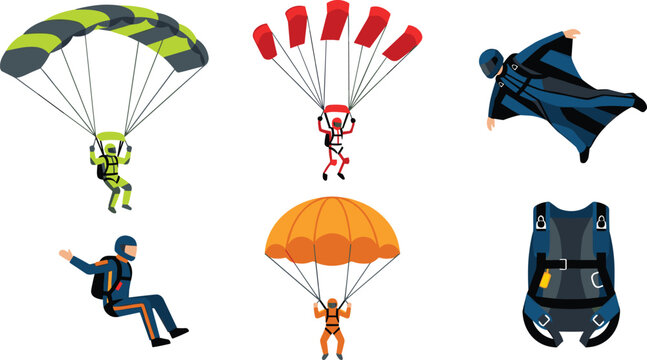 Skydiving and Extreme Air Sports Character Vector Set Featuring Parachutists Paragliding Base Jumping Wingsuit Flying and Parachute Safety Harness Equipment
