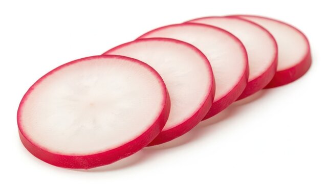 Five thin slices of fresh red radish arranged in a row isolated on a plain white background surface