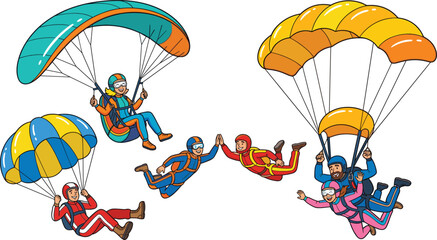 Skydiving and Paragliding Cartoon Character Set Featuring Skydivers Freefalling High Five Tandem Jump and Colorful Parachute Extreme Sports © MstAkhlima