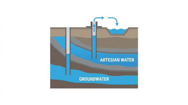 Diagram illustrating artesian water and groundwater levels with a well and flowing water onto the surface against a white background
