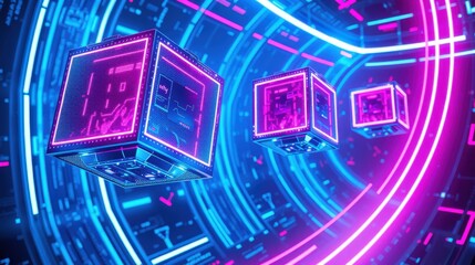 Fototapeta premium Futuristic cubes float within glowing neon tunnel. Complex circuitry visible inside each cube. Vibrant pinks, blues dominate scene.