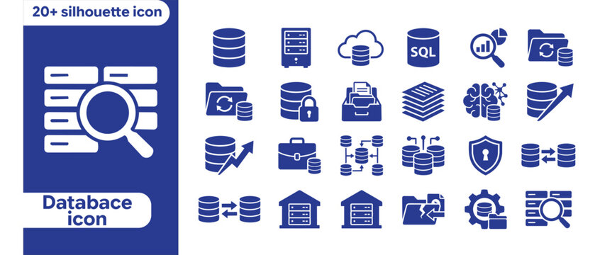 Database Silhouette Icon Set Cloud Storage SQL Server Backup Security Analytics Vector Icons database icon set, database vector icons, database silhouette, storage icons vector, sql database icon, clo