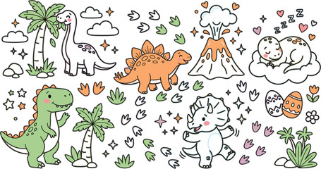 Cute Cartoon Dinosaur Illustration Set with Kawaii Prehistoric Animals, Volcano, Eggs, and Nature Elements for Kids Nursery Design © MdMoklesur